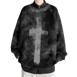 Dark Tie Dye Cross Knitted Sweater