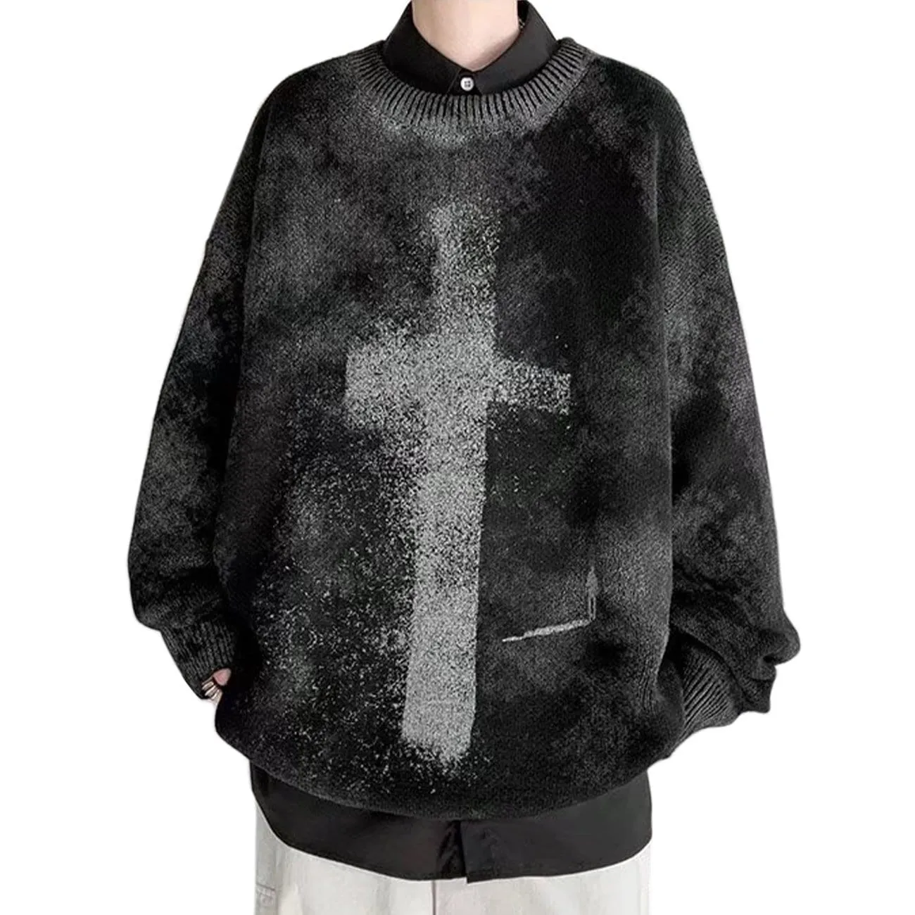 Dark Tie Dye Cross Knitted Sweater