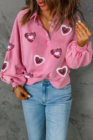 Devon Heart Sequin Half Snap Mineral Wash Sweatshirt