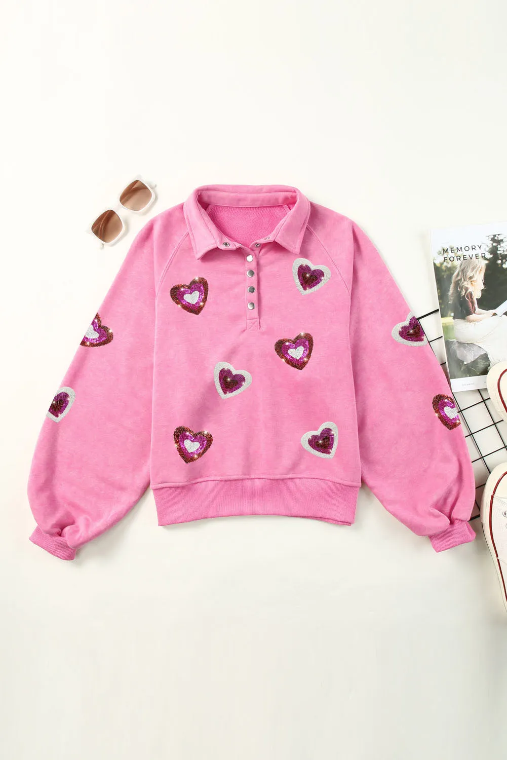 Devon Heart Sequin Half Snap Mineral Wash Sweatshirt