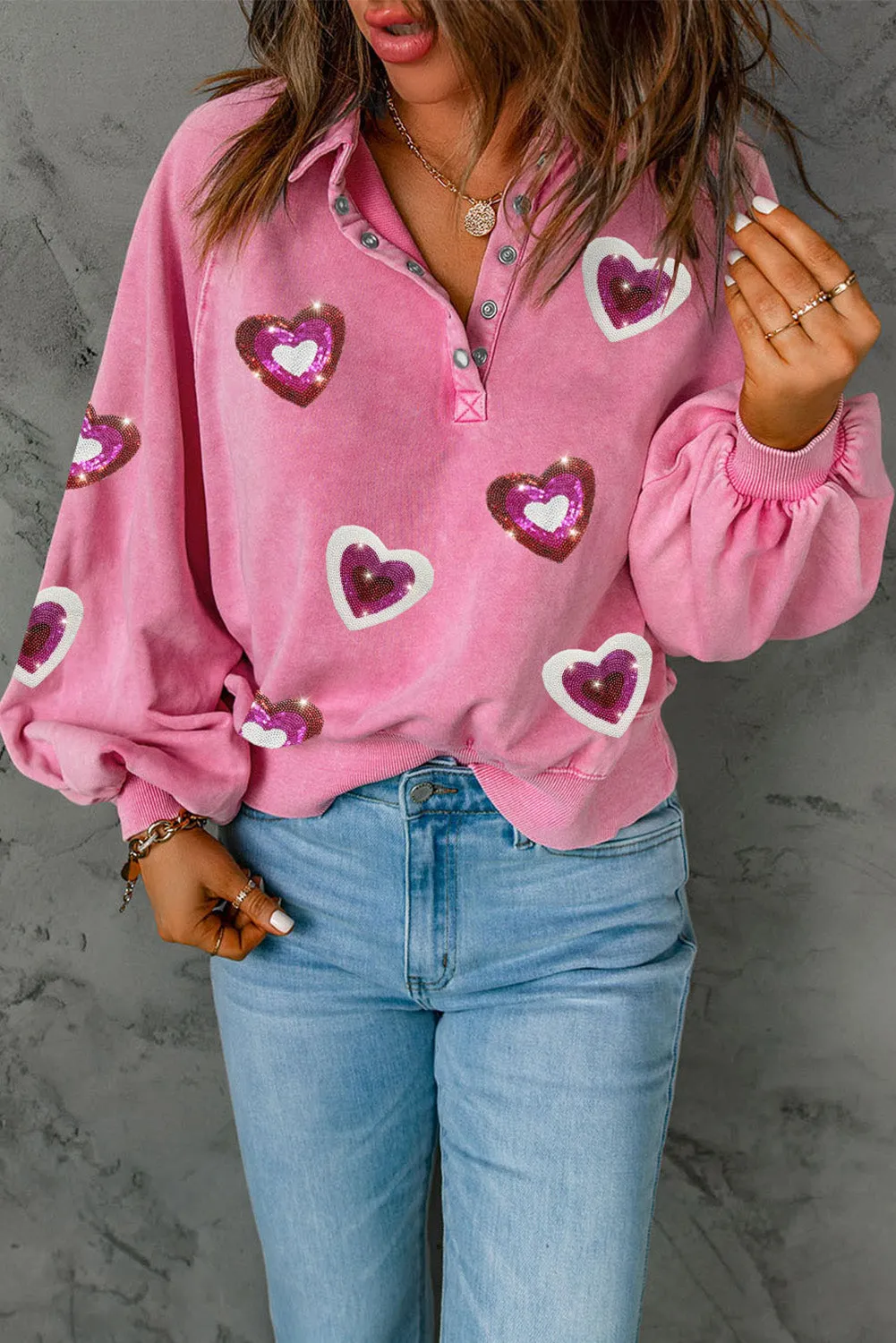 Devon Heart Sequin Half Snap Mineral Wash Sweatshirt