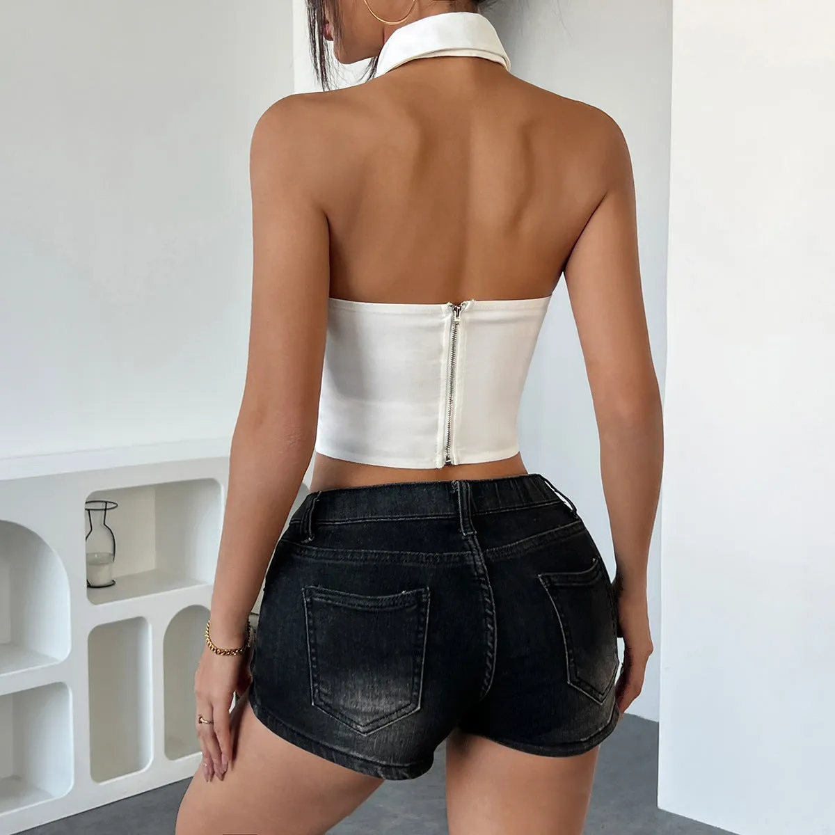 Edgy Halter Neck Crop Top with Leopard Print Tie Accent