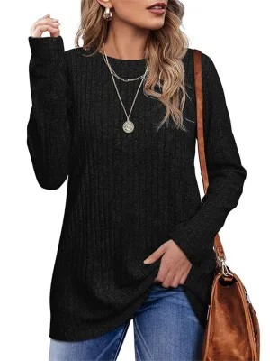 Female Knitwear Solid Ribbed Autumn Winter T-shirts