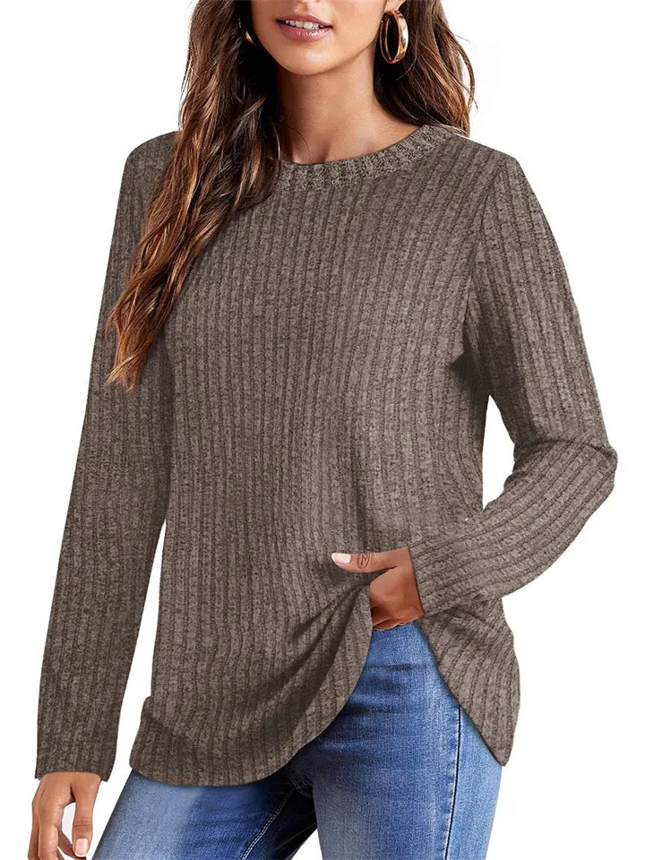 Female Knitwear Solid Ribbed Autumn Winter T-shirts