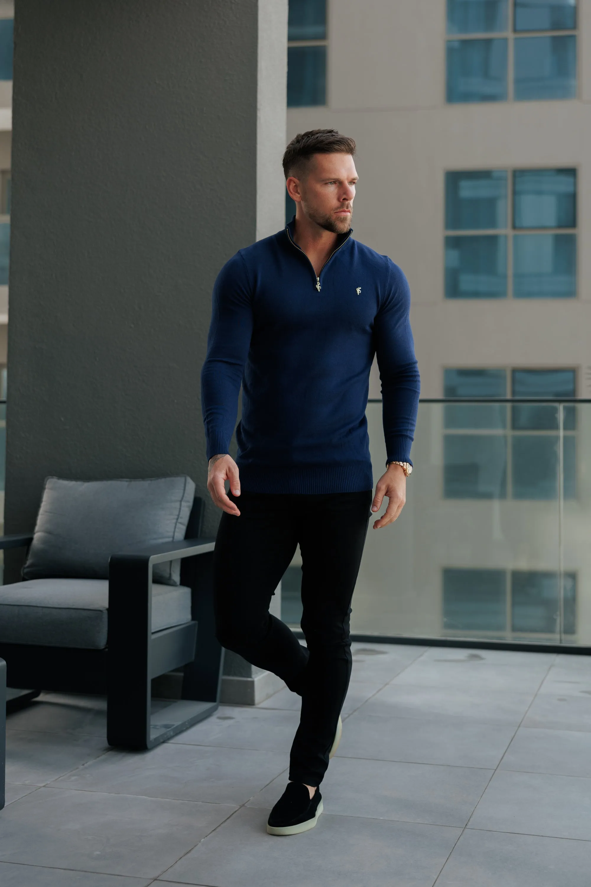 FS Navy Funnel Neck Knitted Jumper With FS Branding - FSN191