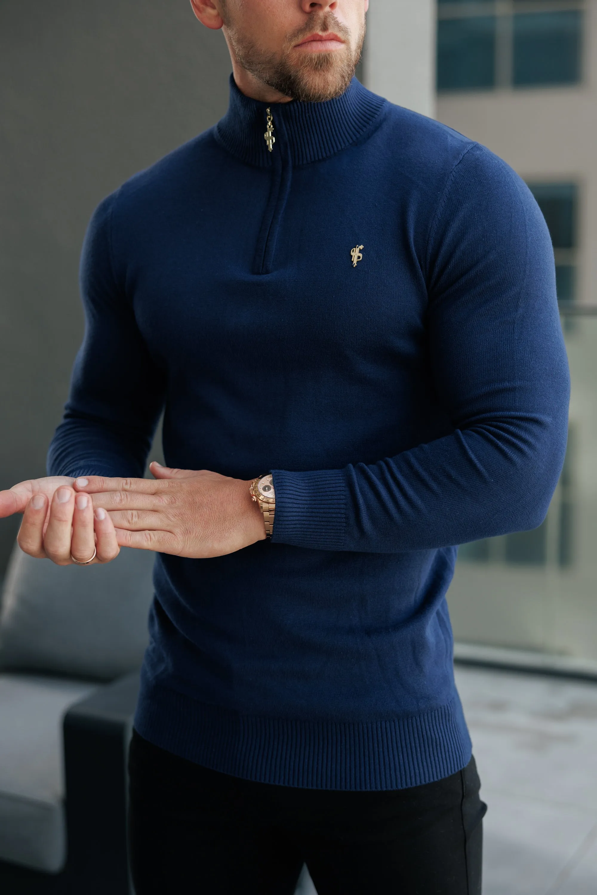 FS Navy Funnel Neck Knitted Jumper With FS Branding - FSN191