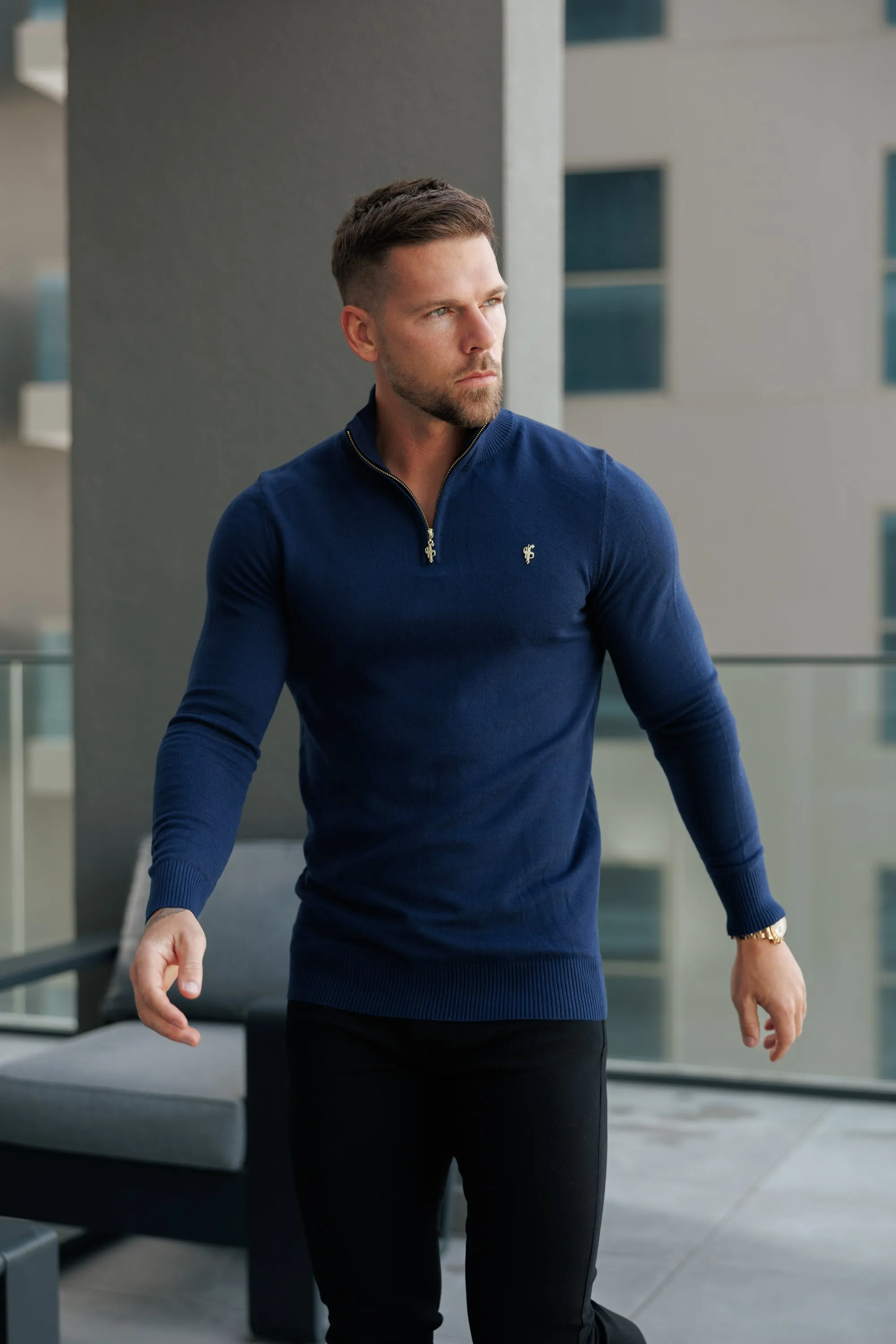 FS Navy Funnel Neck Knitted Jumper With FS Branding - FSN191