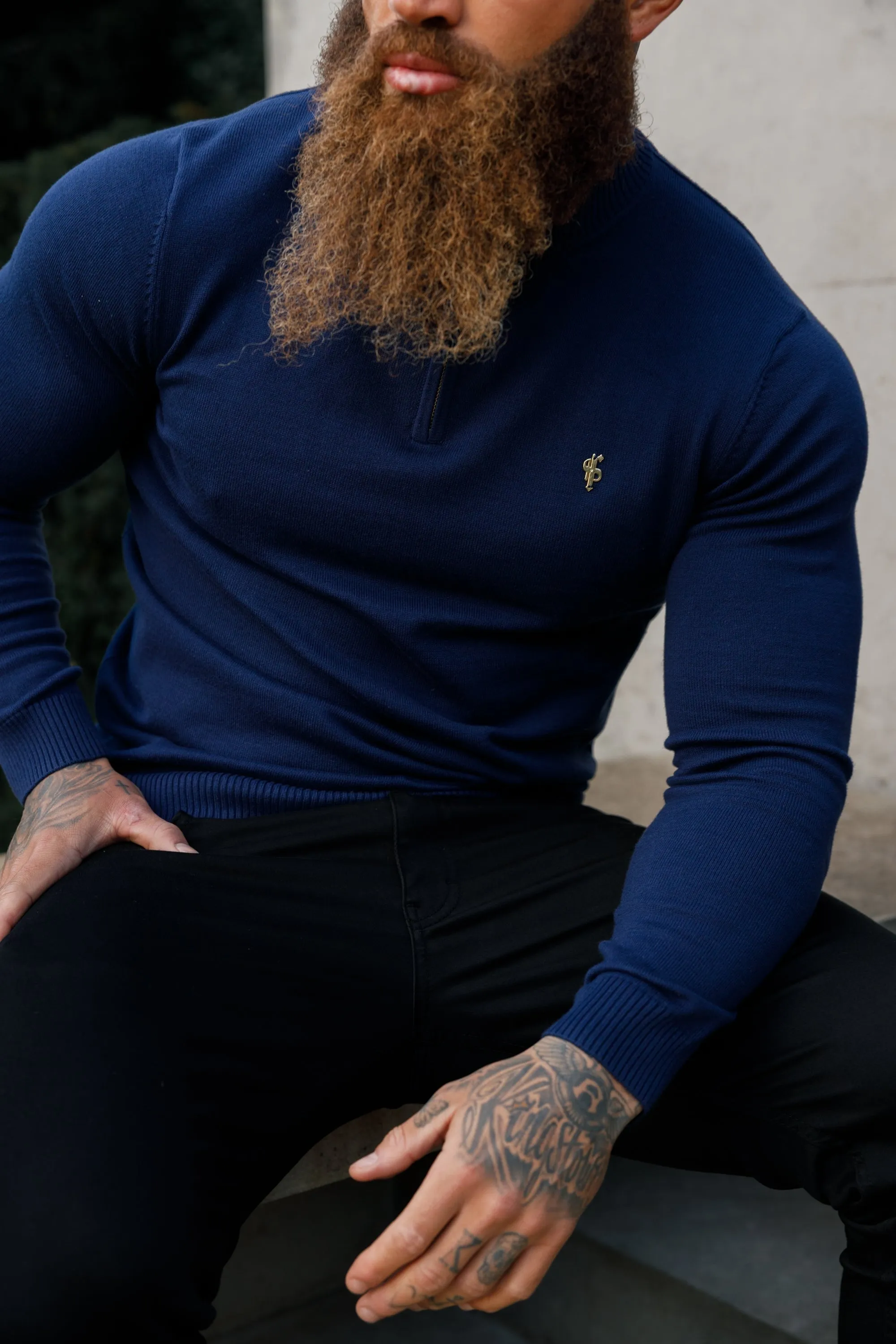 FS Navy Funnel Neck Knitted Jumper With FS Branding - FSN191