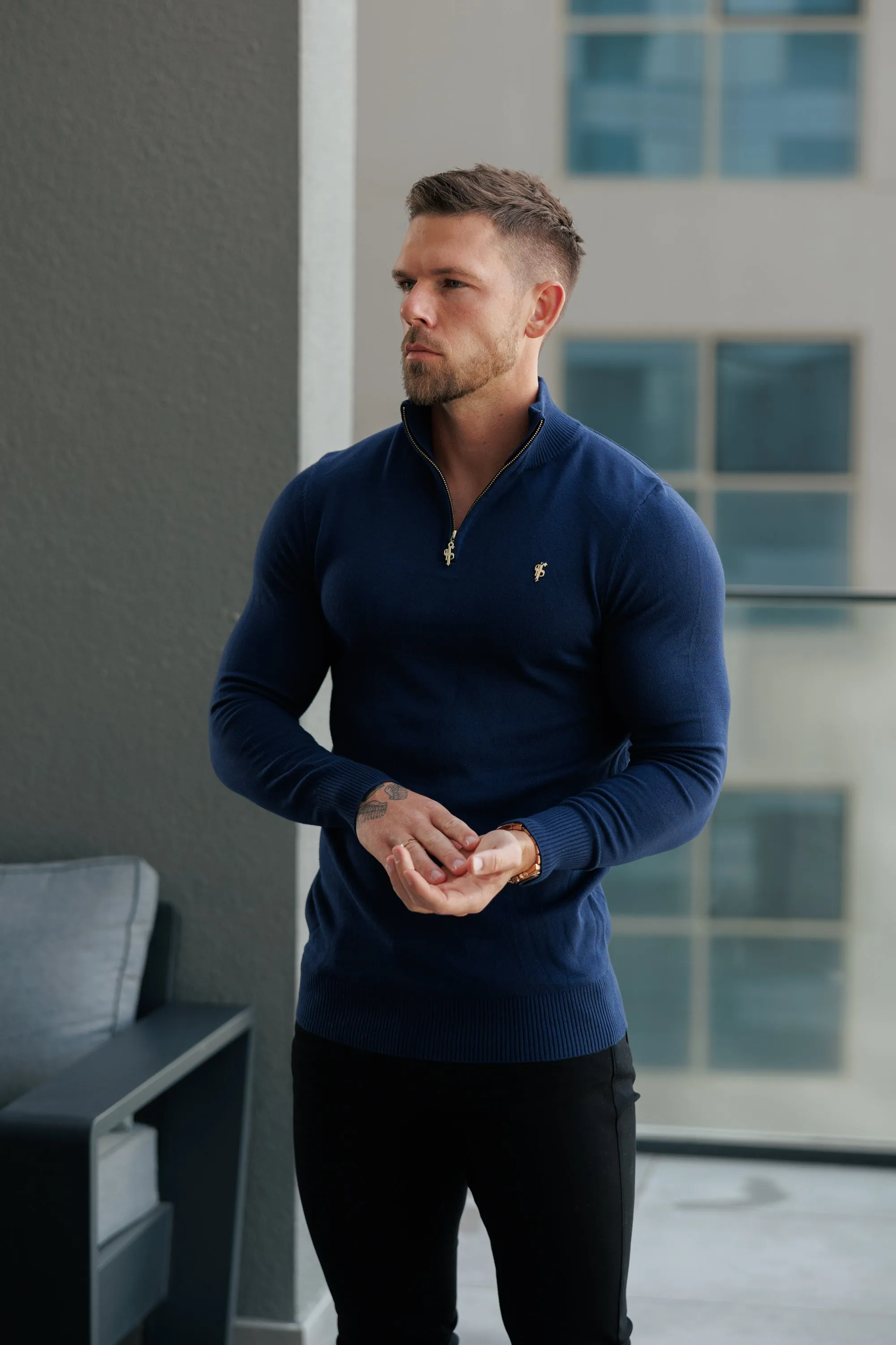 FS Navy Funnel Neck Knitted Jumper With FS Branding - FSN191