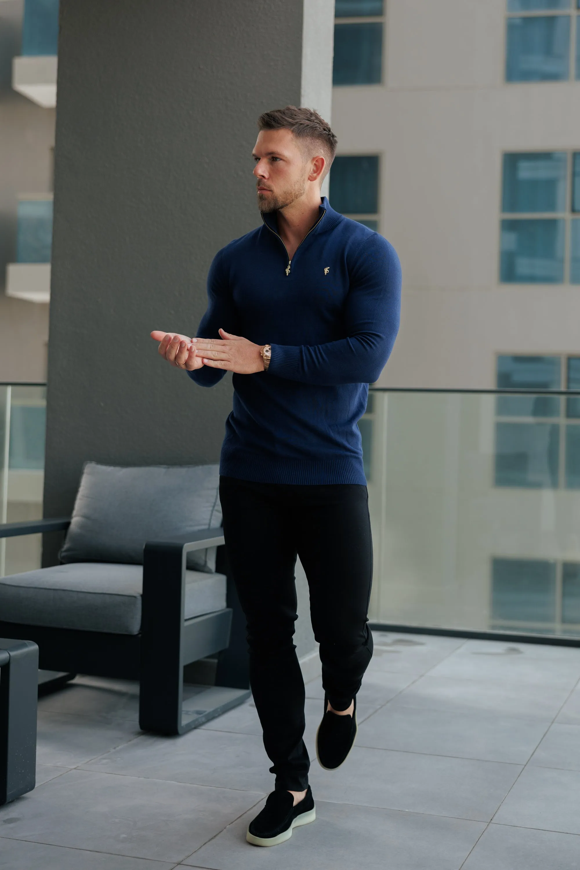 FS Navy Funnel Neck Knitted Jumper With FS Branding - FSN191