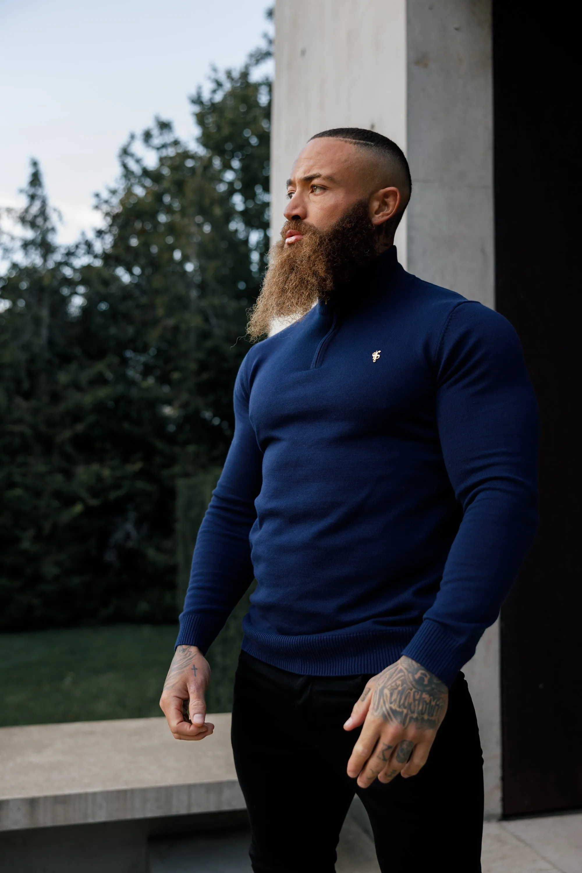 FS Navy Funnel Neck Knitted Jumper With FS Branding - FSN191