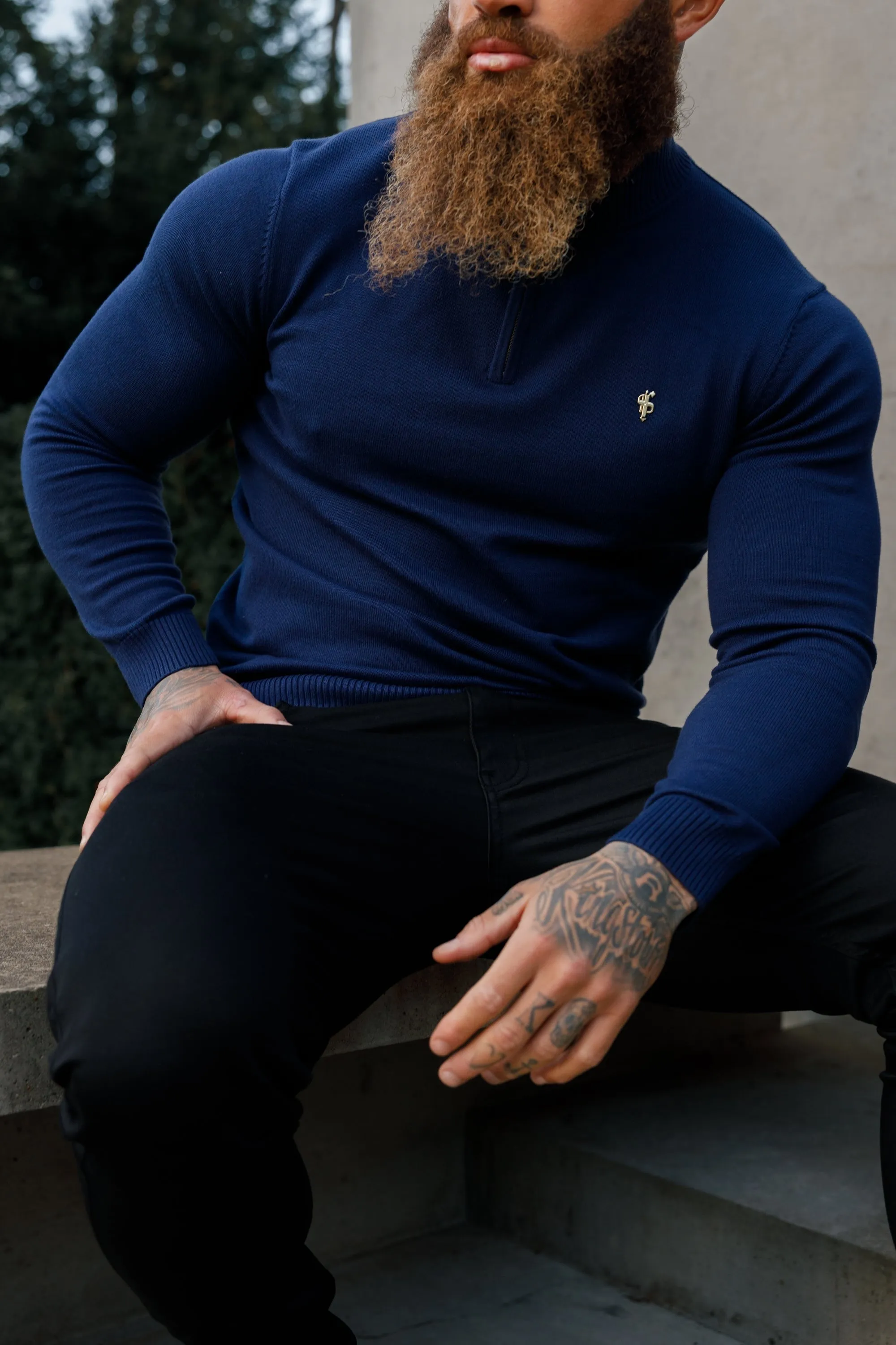 FS Navy Funnel Neck Knitted Jumper With FS Branding - FSN191