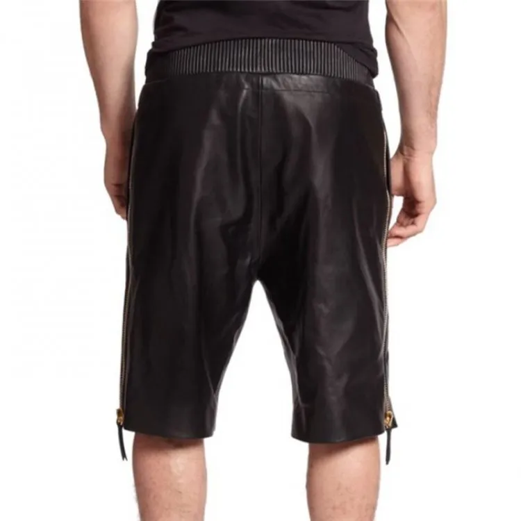 Genuine Lambskin Black Leather Shorts for Men