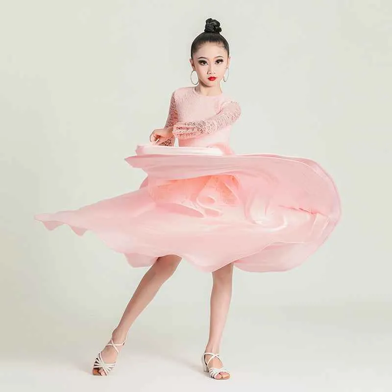 Girls Light Pink Lace Ballroom Dance Dresses Kids Waltz Tango Foxtrot Quickstep Competition Skirt Big Swing Dance Skirt