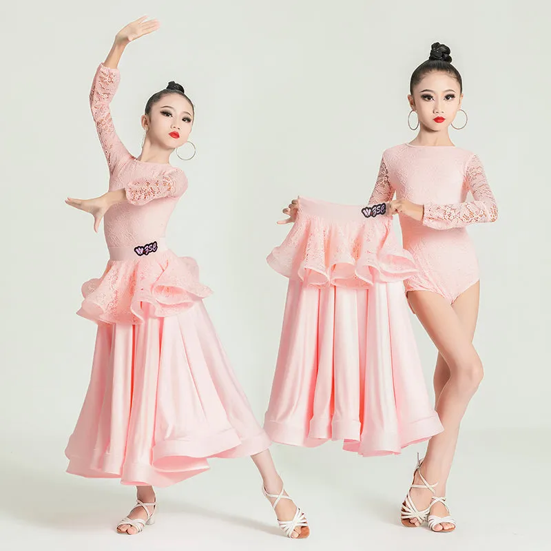Girls Light Pink Lace Ballroom Dance Dresses Kids Waltz Tango Foxtrot Quickstep Competition Skirt Big Swing Dance Skirt