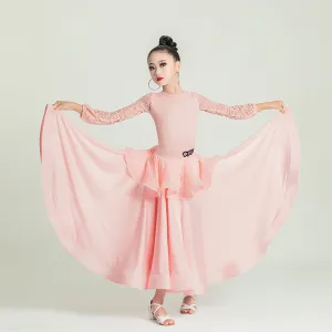 Girls Light Pink Lace Ballroom Dance Dresses Kids Waltz Tango Foxtrot Quickstep Competition Skirt Big Swing Dance Skirt