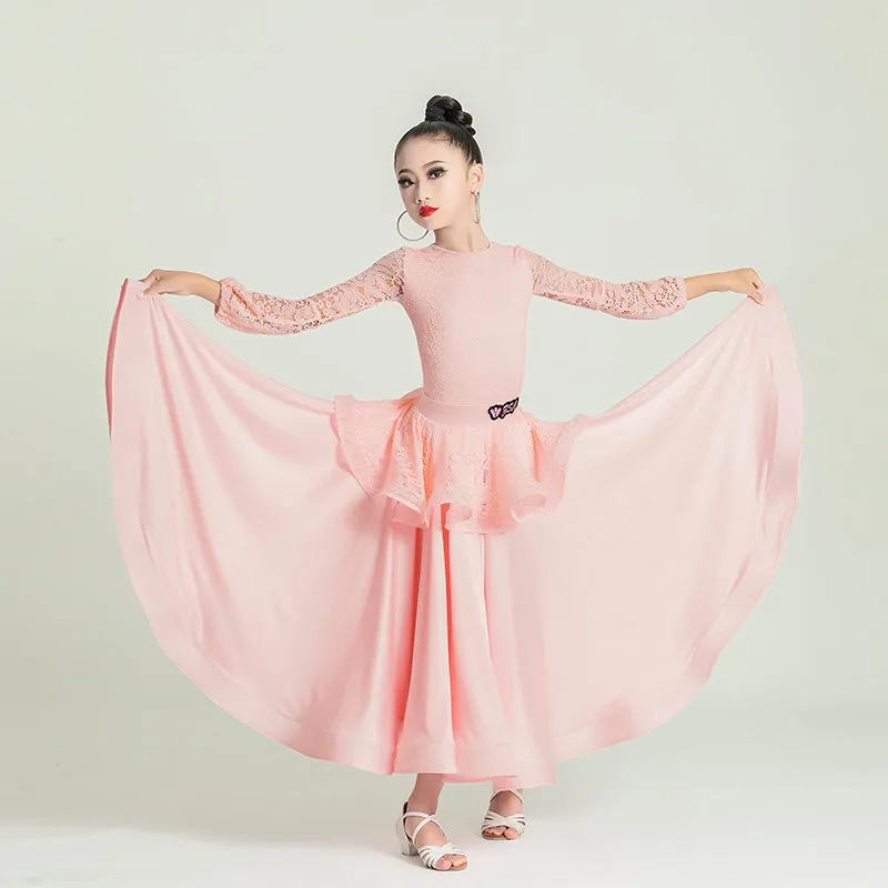 Girls Light Pink Lace Ballroom Dance Dresses Kids Waltz Tango Foxtrot Quickstep Competition Skirt Big Swing Dance Skirt