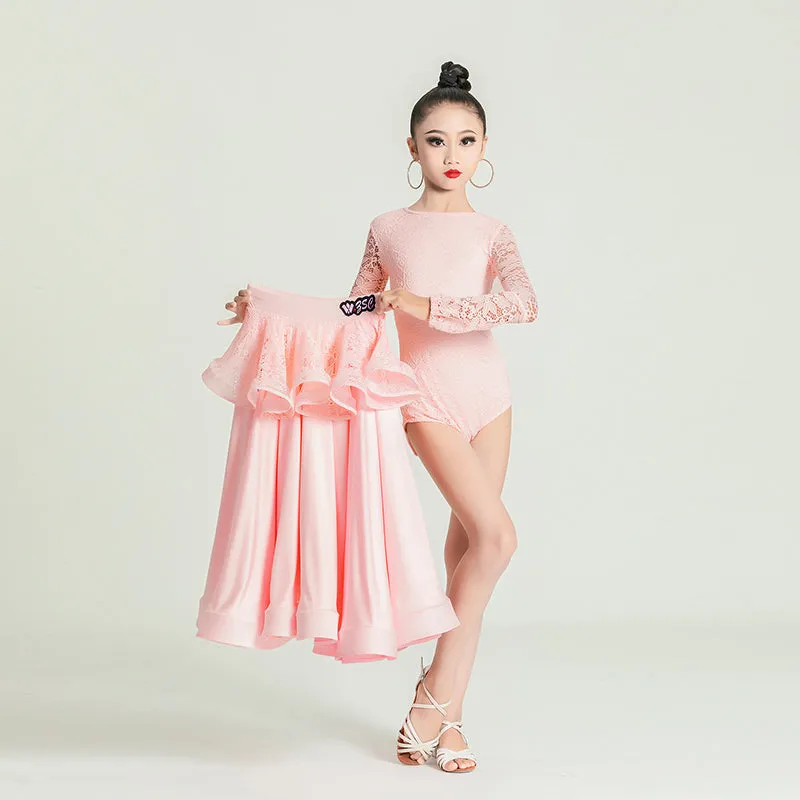 Girls Light Pink Lace Ballroom Dance Dresses Kids Waltz Tango Foxtrot Quickstep Competition Skirt Big Swing Dance Skirt
