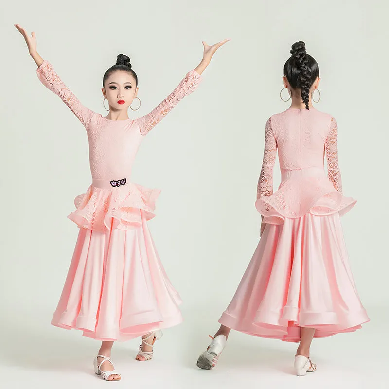 Girls Light Pink Lace Ballroom Dance Dresses Kids Waltz Tango Foxtrot Quickstep Competition Skirt Big Swing Dance Skirt