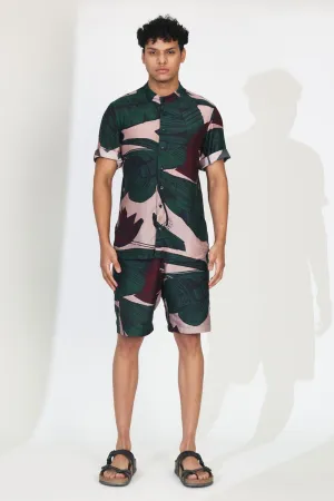 Green & Off White Floral Shorts