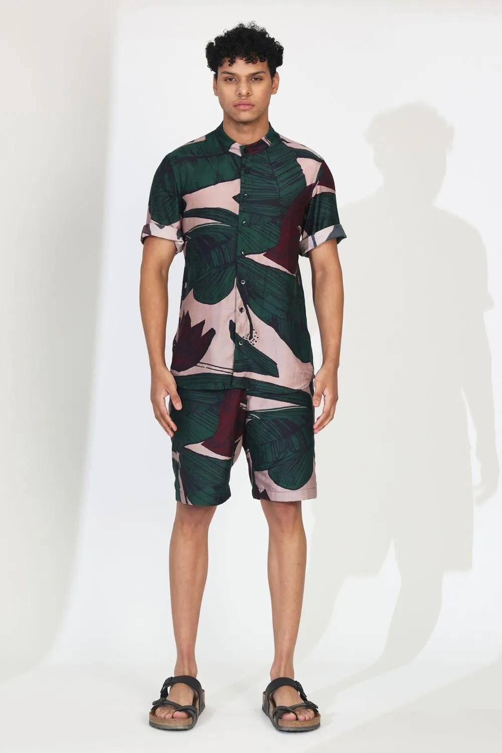 Green & Off White Floral Shorts