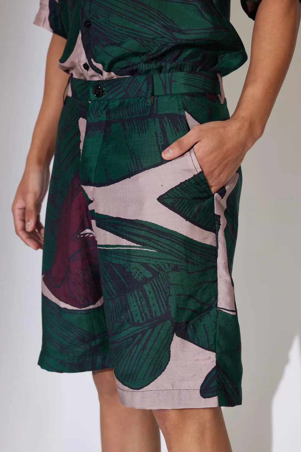 Green & Off White Floral Shorts