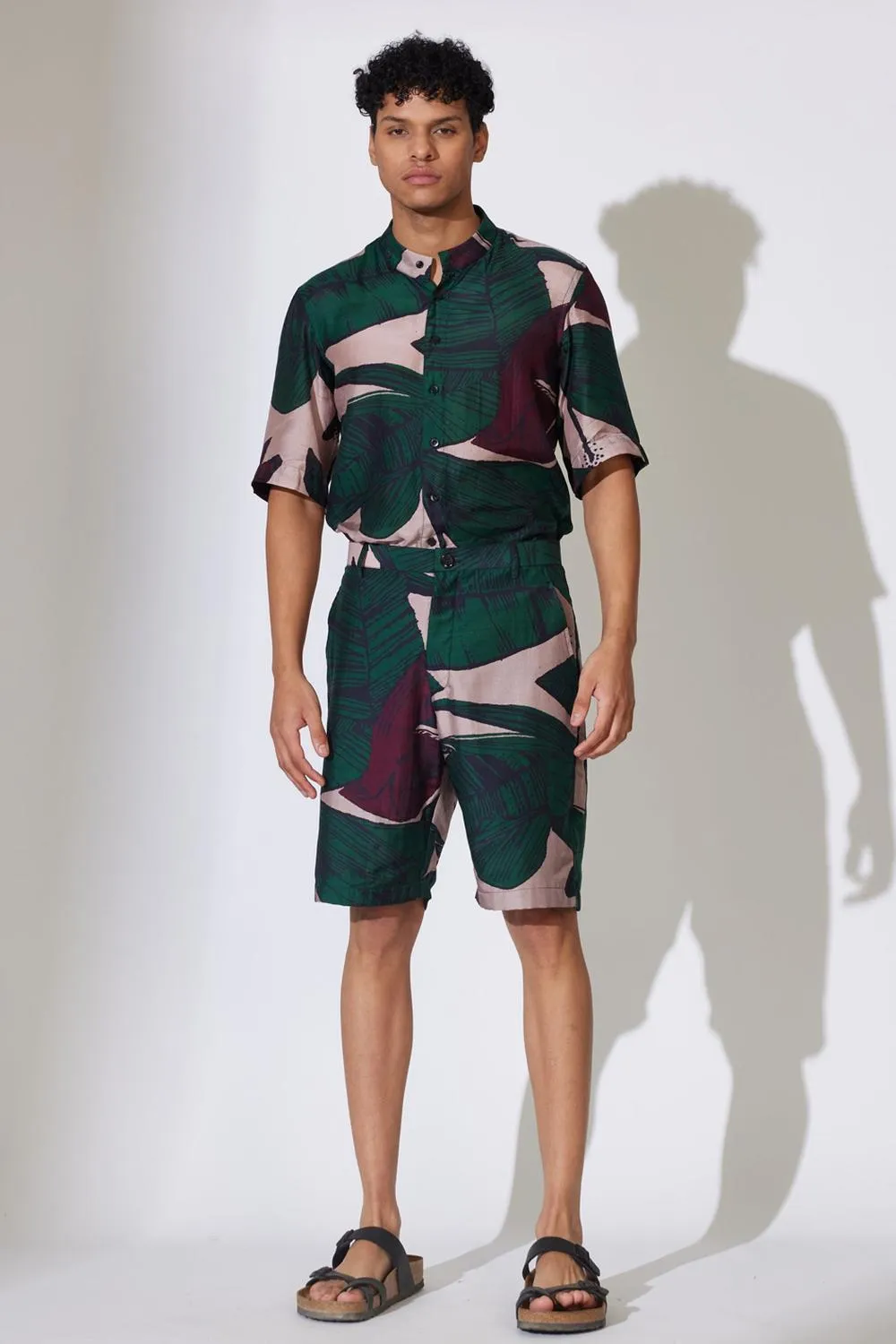 Green & Off White Floral Shorts