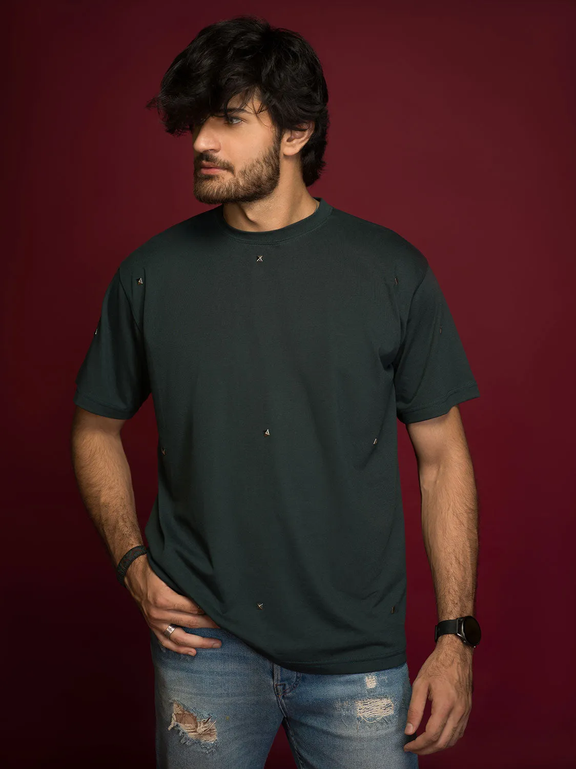 Green Over Sized Studded T-shirt