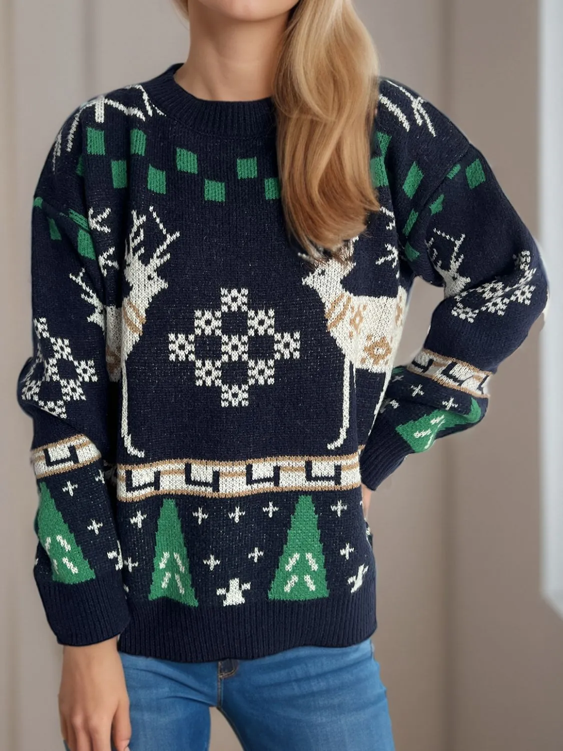 Hazel Blues® |  Christmas Element Round Neck Long Sleeve Sweater