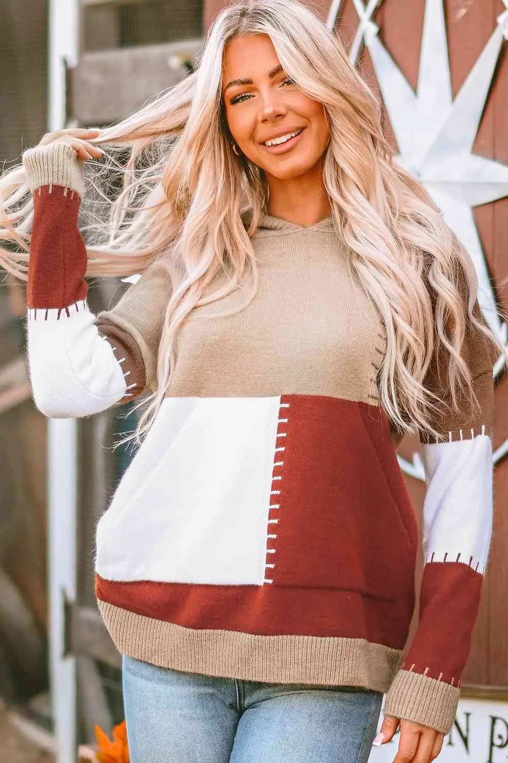 Hazel Blues® |  Color Block Long Sleeve Hooded Sweater