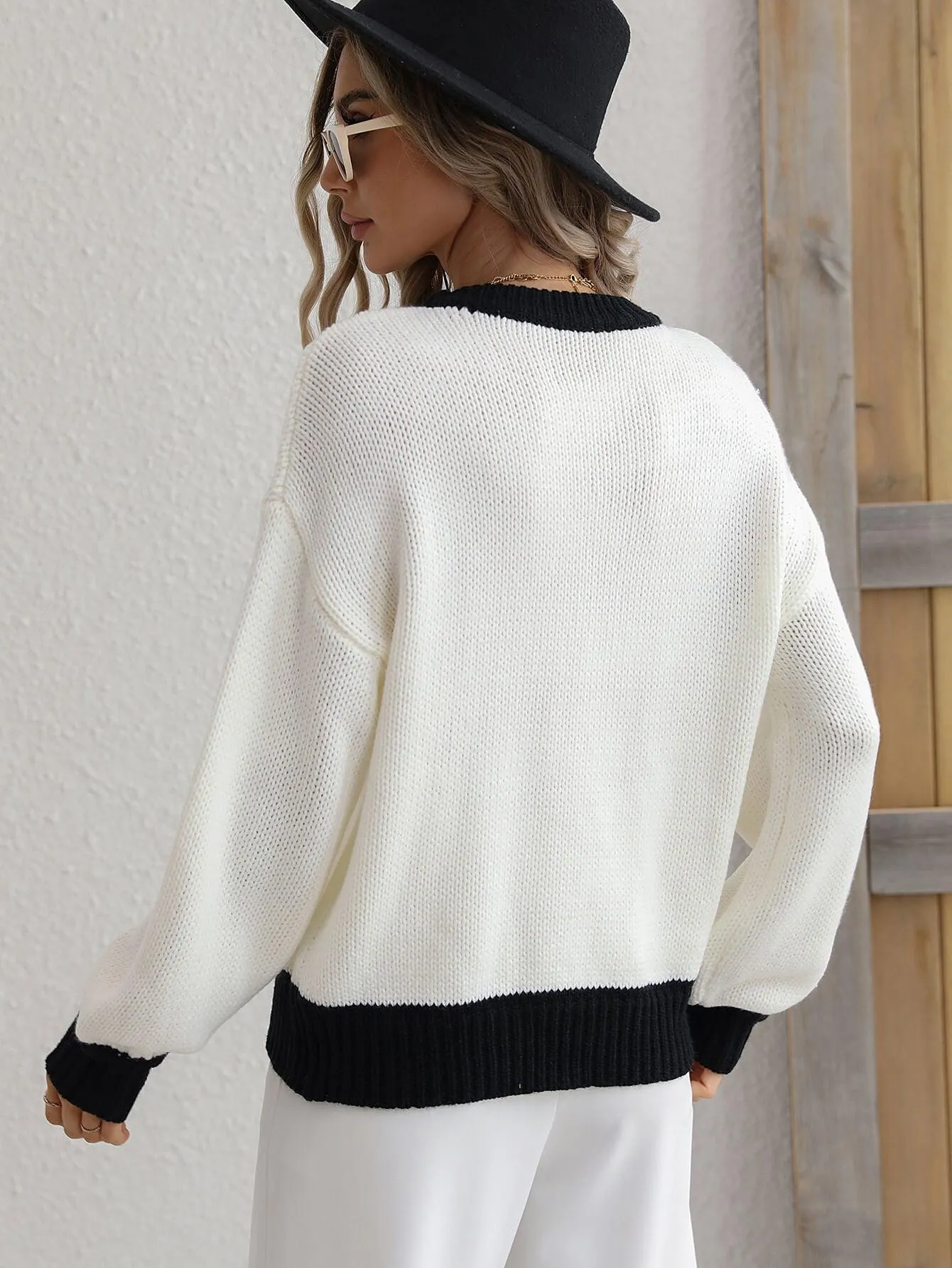 Hazel Blues® |  Contrast Trim Drop Shoulder Pullover Sweater