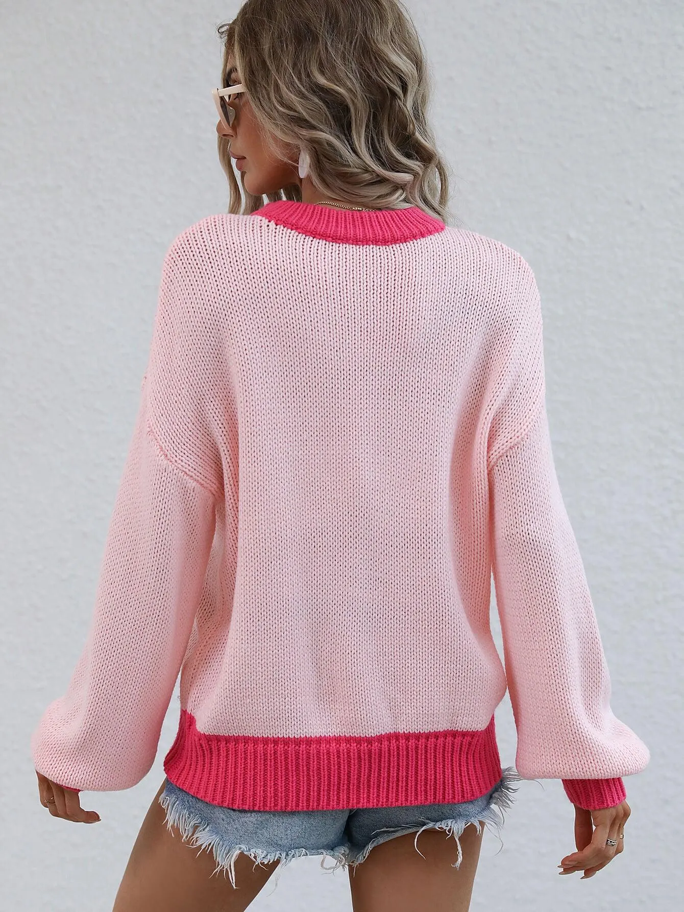 Hazel Blues® |  Contrast Trim Drop Shoulder Pullover Sweater
