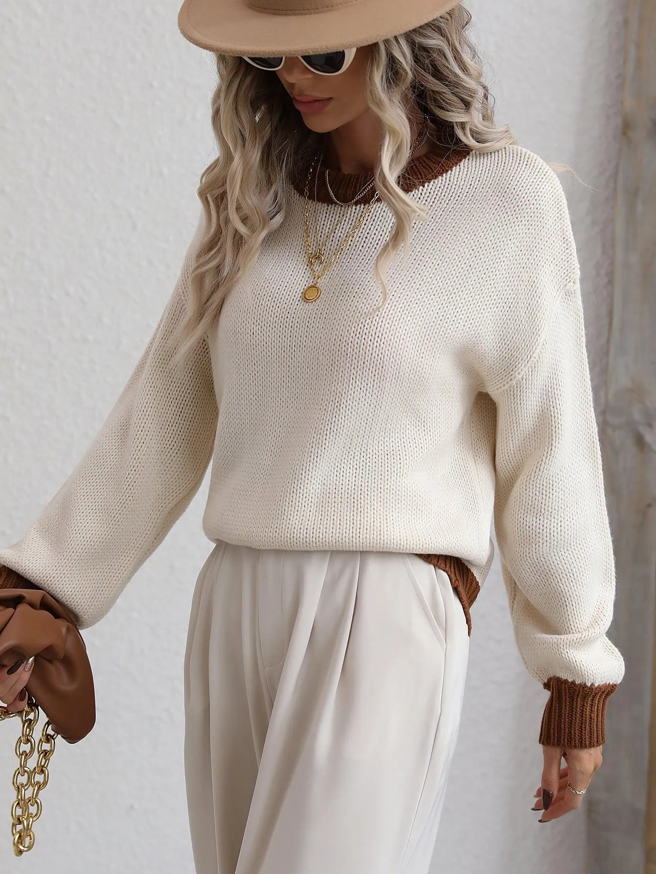 Hazel Blues® |  Contrast Trim Drop Shoulder Pullover Sweater