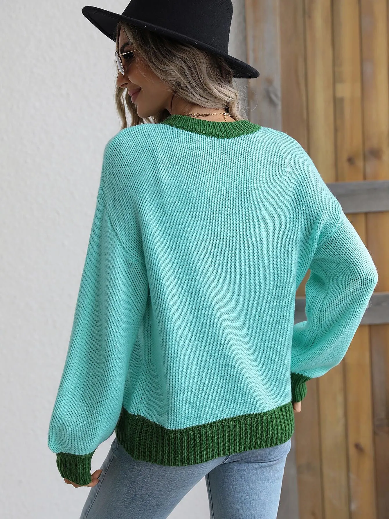 Hazel Blues® |  Contrast Trim Drop Shoulder Pullover Sweater