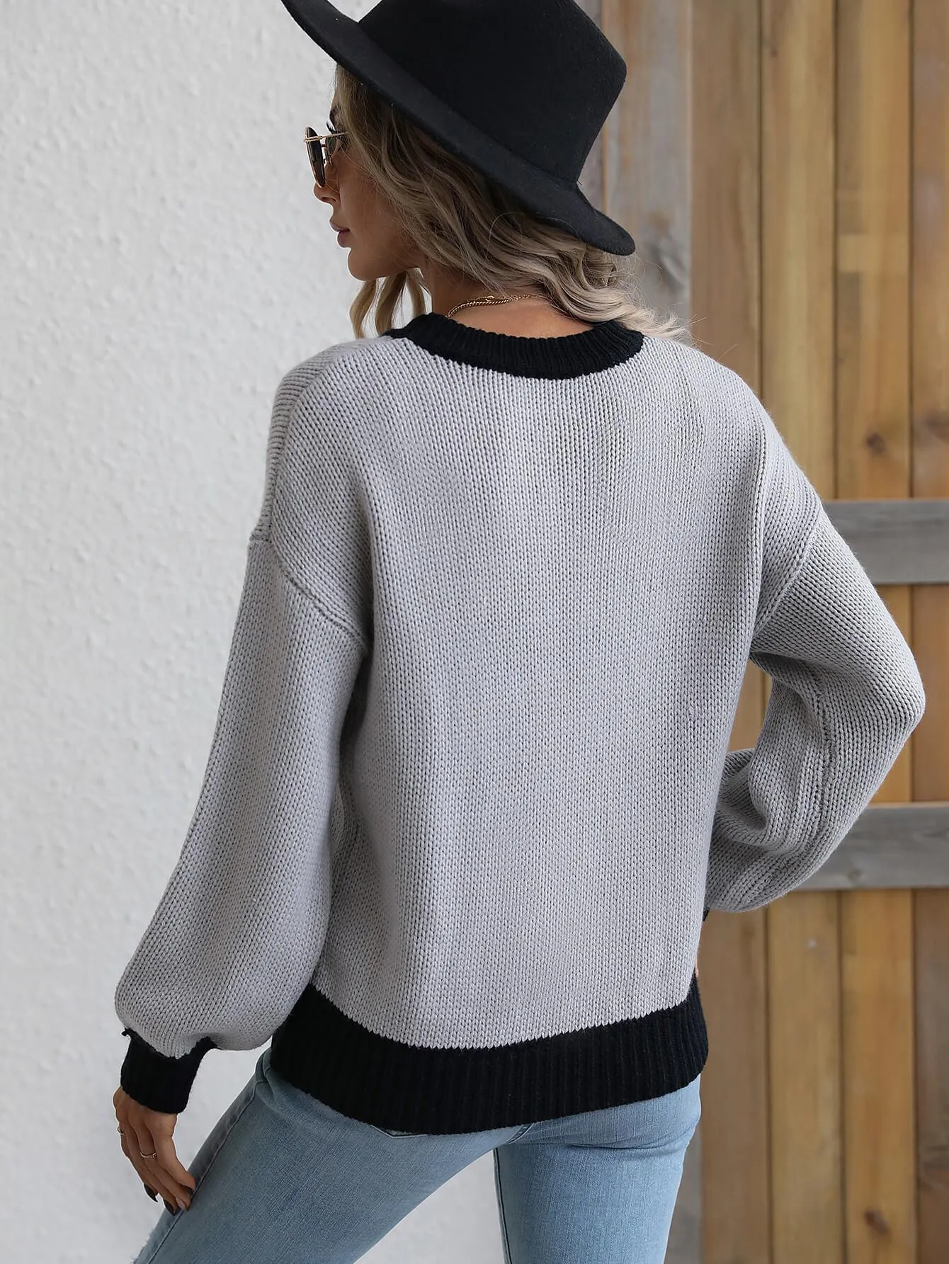 Hazel Blues® |  Contrast Trim Drop Shoulder Pullover Sweater