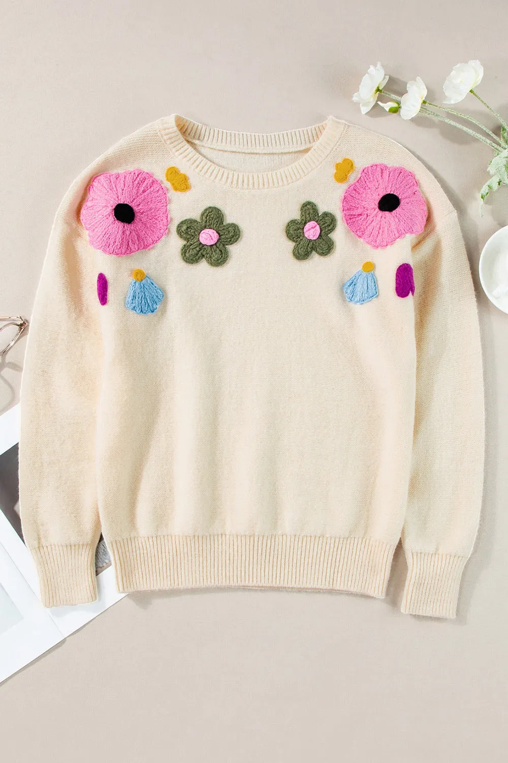 Hazel Blues® |  Crochet Flower Round Neck Dropped Shoulder Sweater
