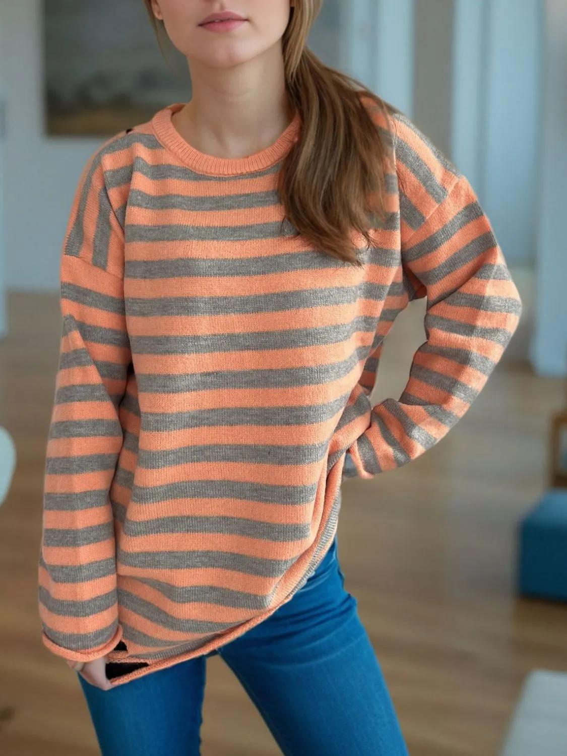 Hazel Blues® |  Distressed Striped Round Neck Long Sleeve Sweater
