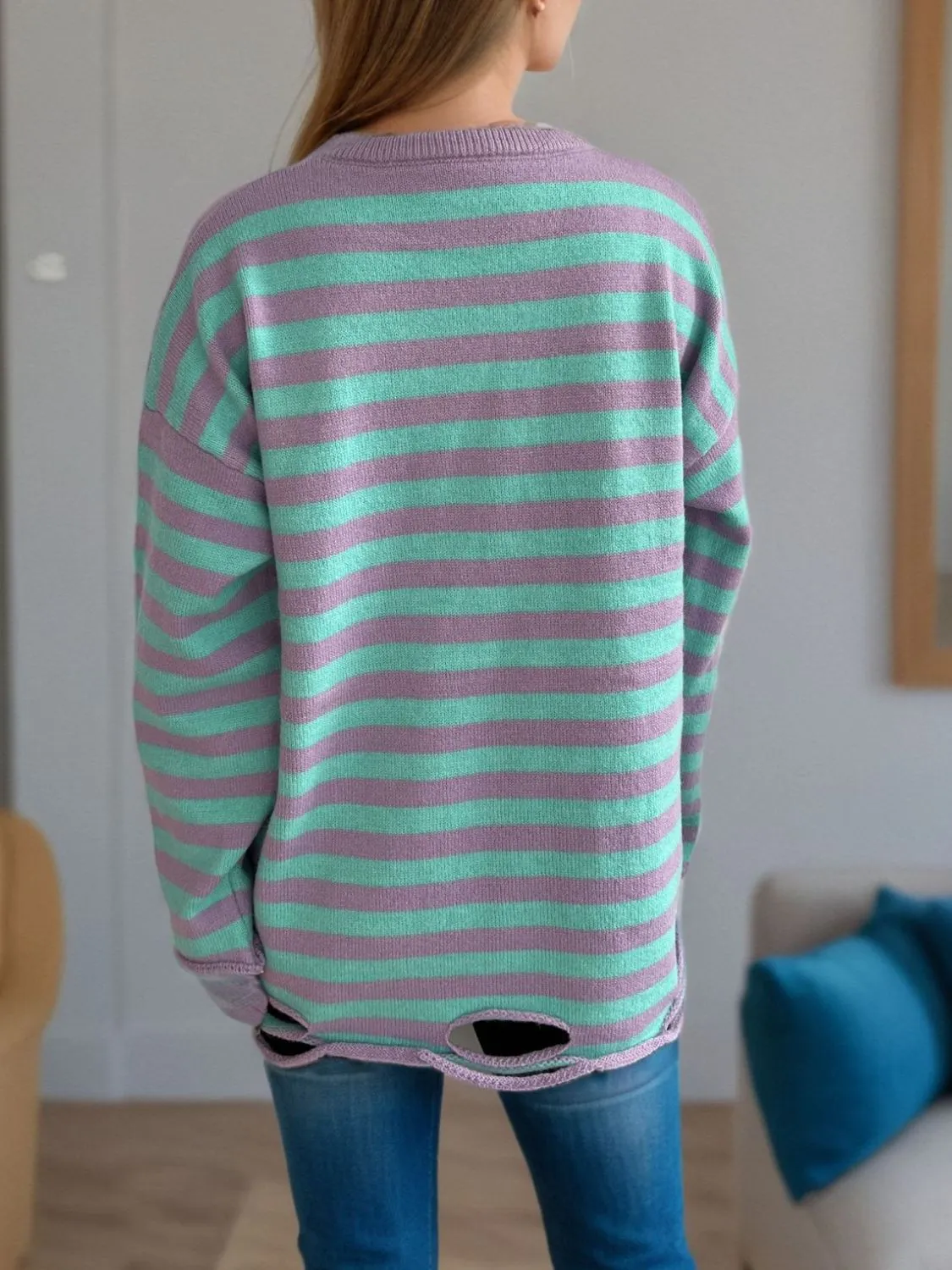 Hazel Blues® |  Distressed Striped Round Neck Long Sleeve Sweater