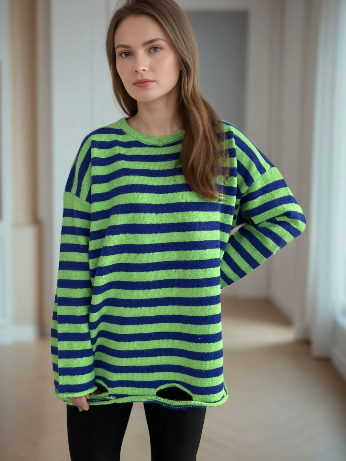 Hazel Blues® |  Distressed Striped Round Neck Long Sleeve Sweater
