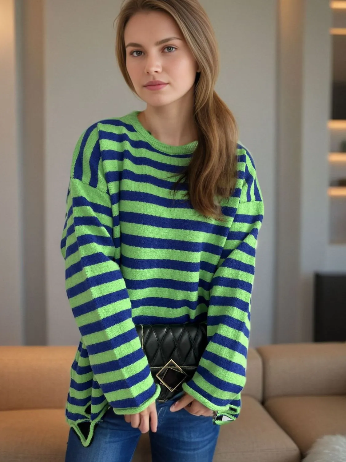 Hazel Blues® |  Distressed Striped Round Neck Long Sleeve Sweater