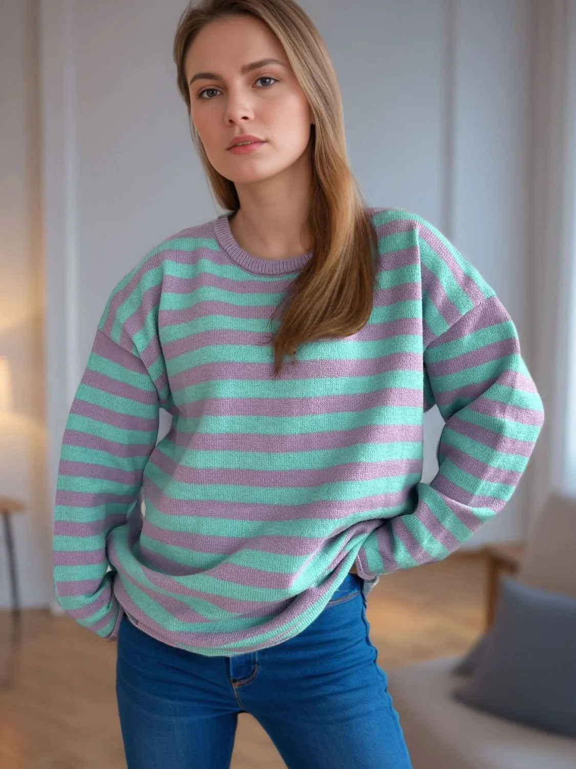 Hazel Blues® |  Distressed Striped Round Neck Long Sleeve Sweater