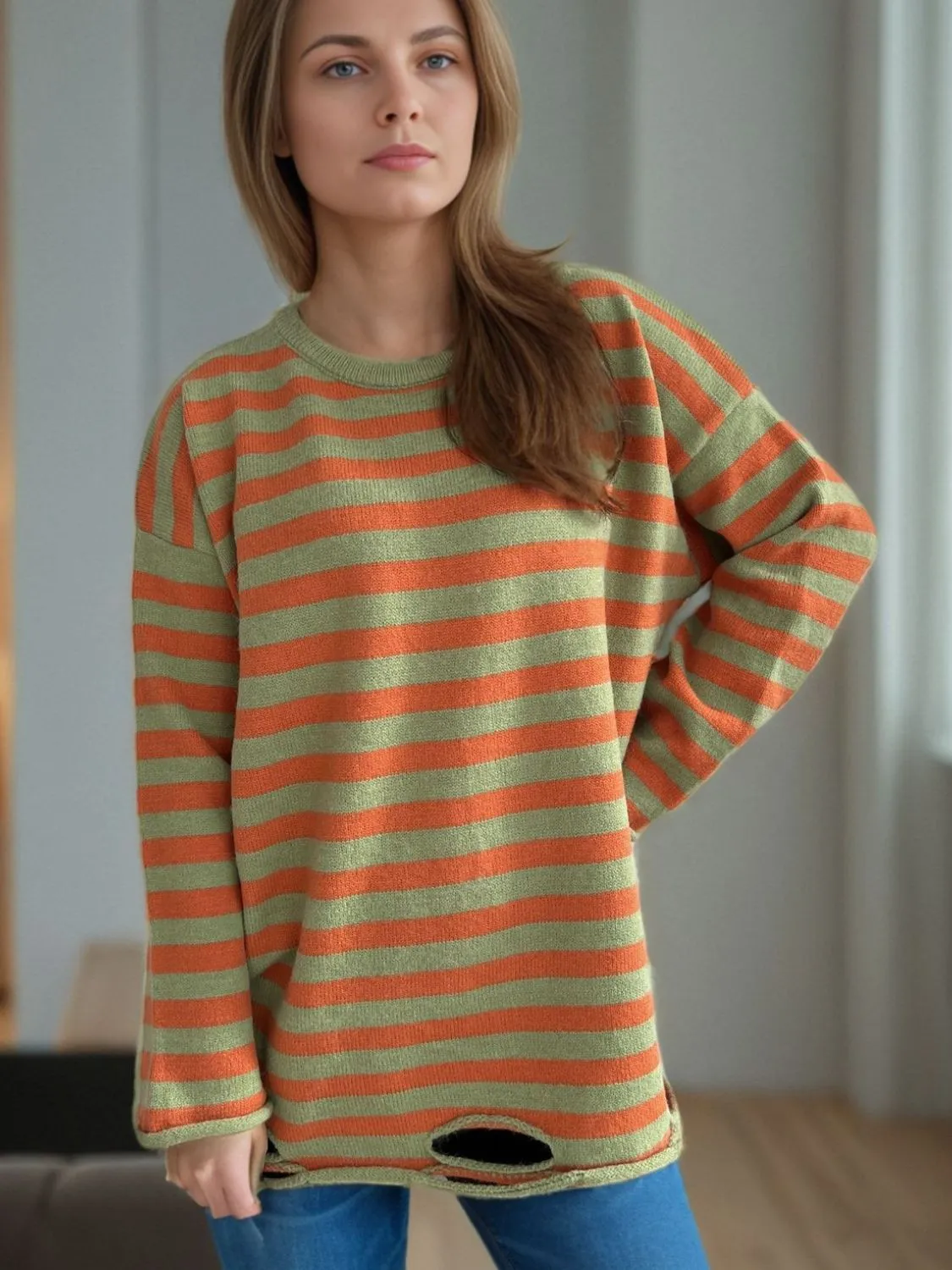 Hazel Blues® |  Distressed Striped Round Neck Long Sleeve Sweater