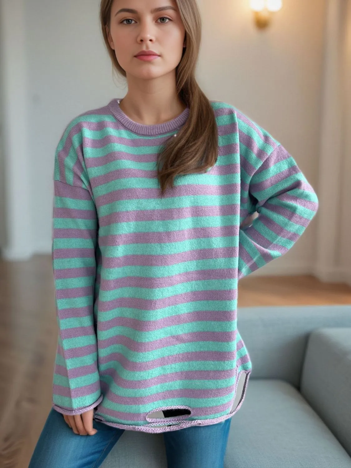 Hazel Blues® |  Distressed Striped Round Neck Long Sleeve Sweater