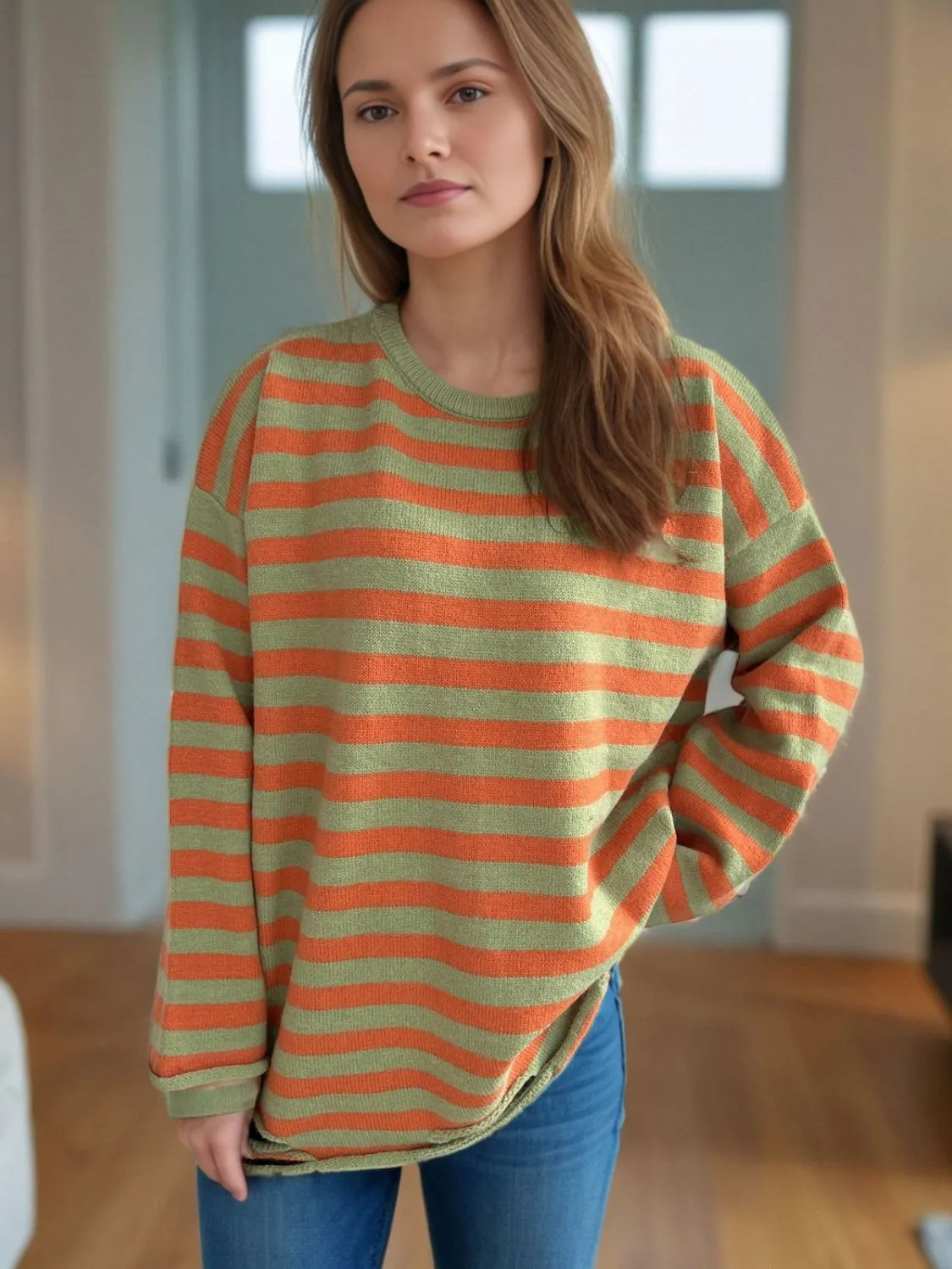 Hazel Blues® |  Distressed Striped Round Neck Long Sleeve Sweater