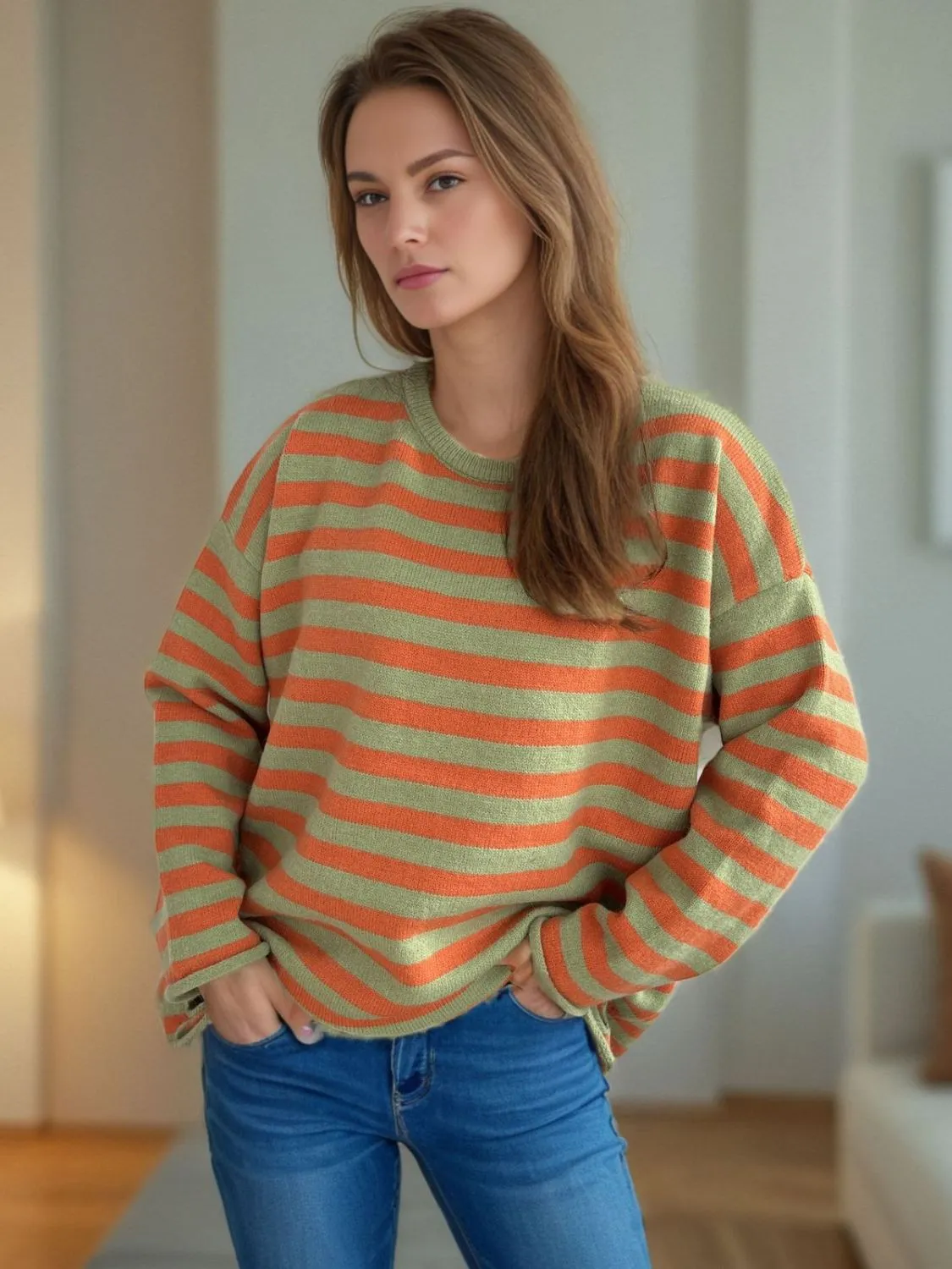 Hazel Blues® |  Distressed Striped Round Neck Long Sleeve Sweater