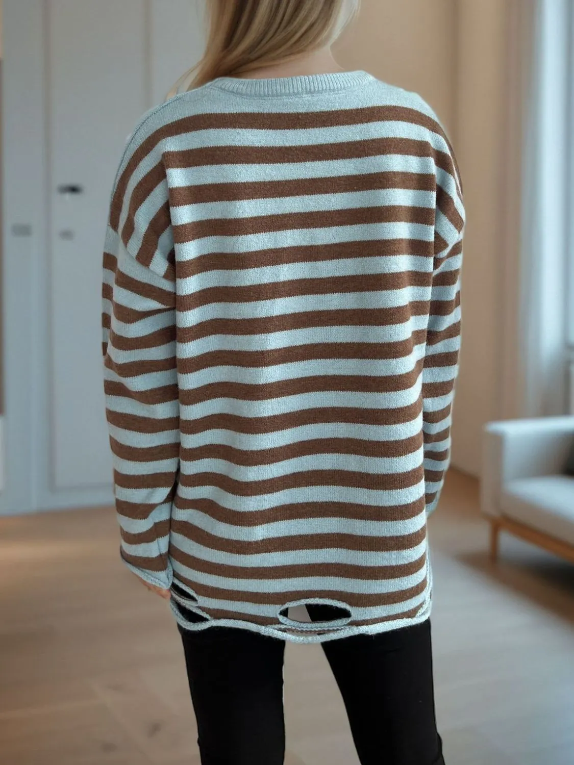Hazel Blues® |  Distressed Striped Round Neck Long Sleeve Sweater
