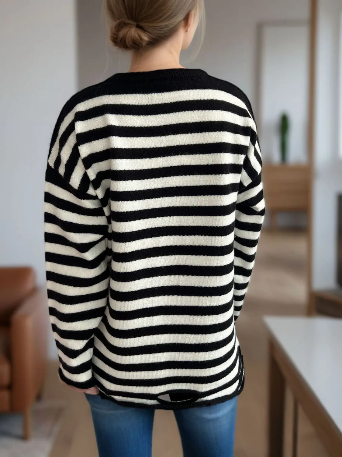 Hazel Blues® |  Distressed Striped Round Neck Long Sleeve Sweater