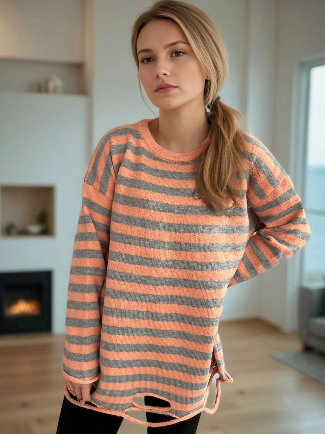 Hazel Blues® |  Distressed Striped Round Neck Long Sleeve Sweater