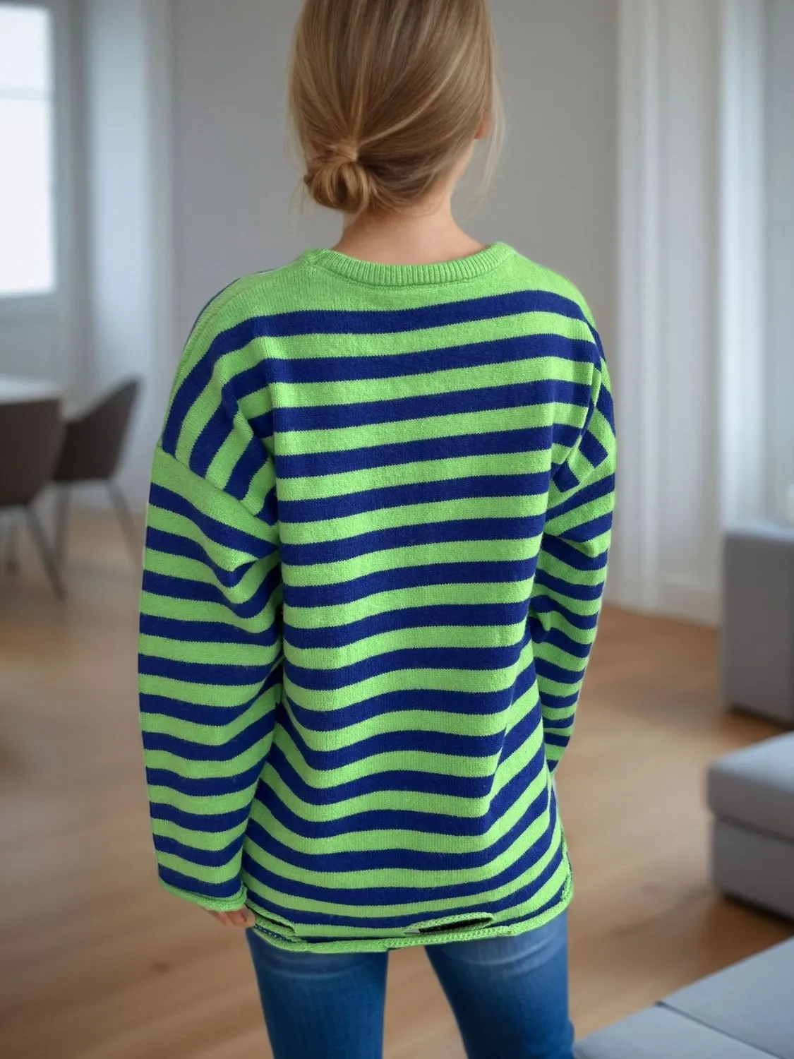 Hazel Blues® |  Distressed Striped Round Neck Long Sleeve Sweater