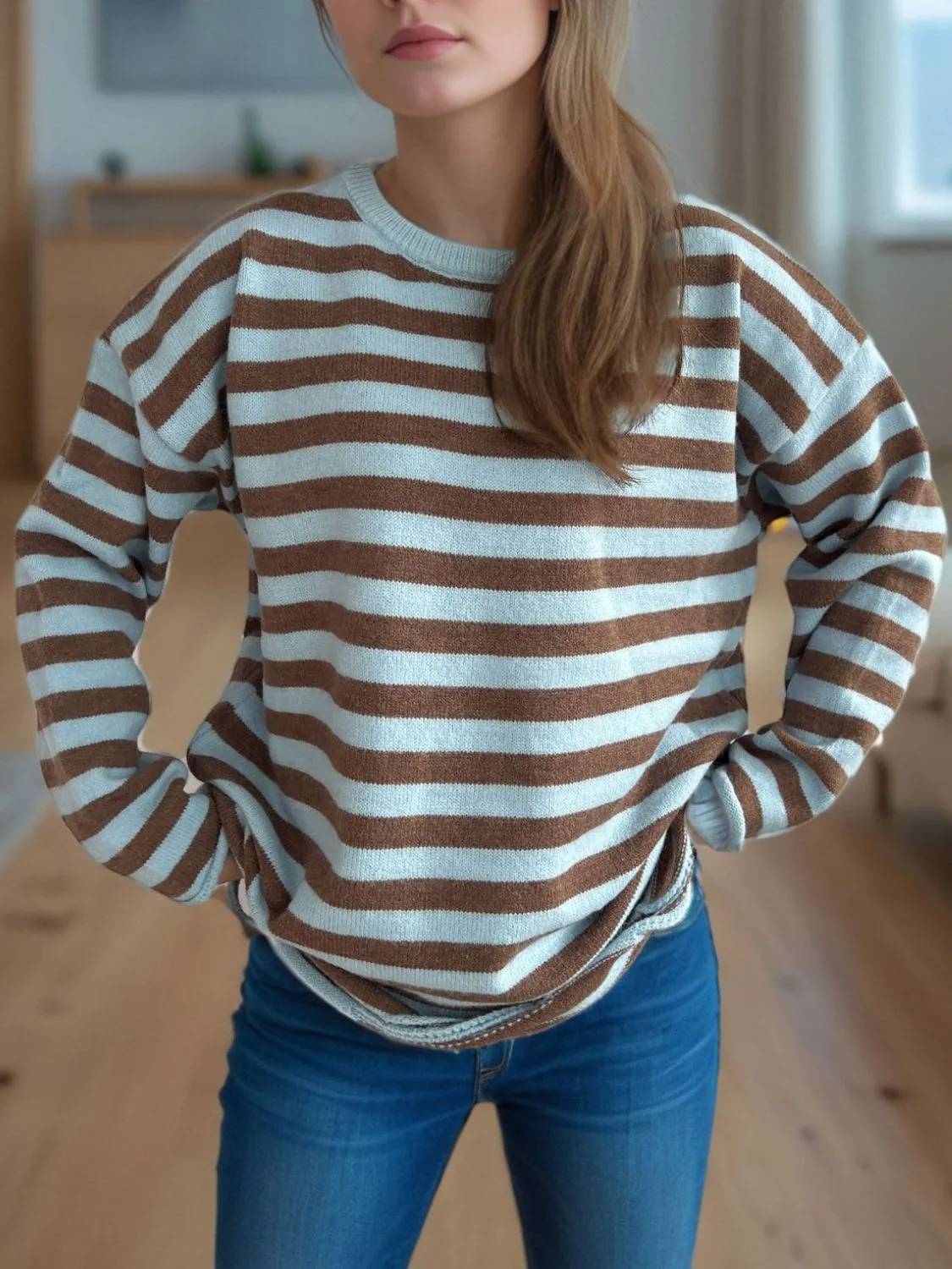 Hazel Blues® |  Distressed Striped Round Neck Long Sleeve Sweater